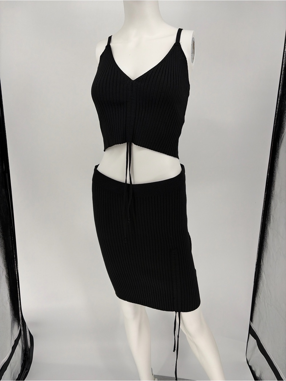 Ribbed Knit Black Two-Piece Skirt Set